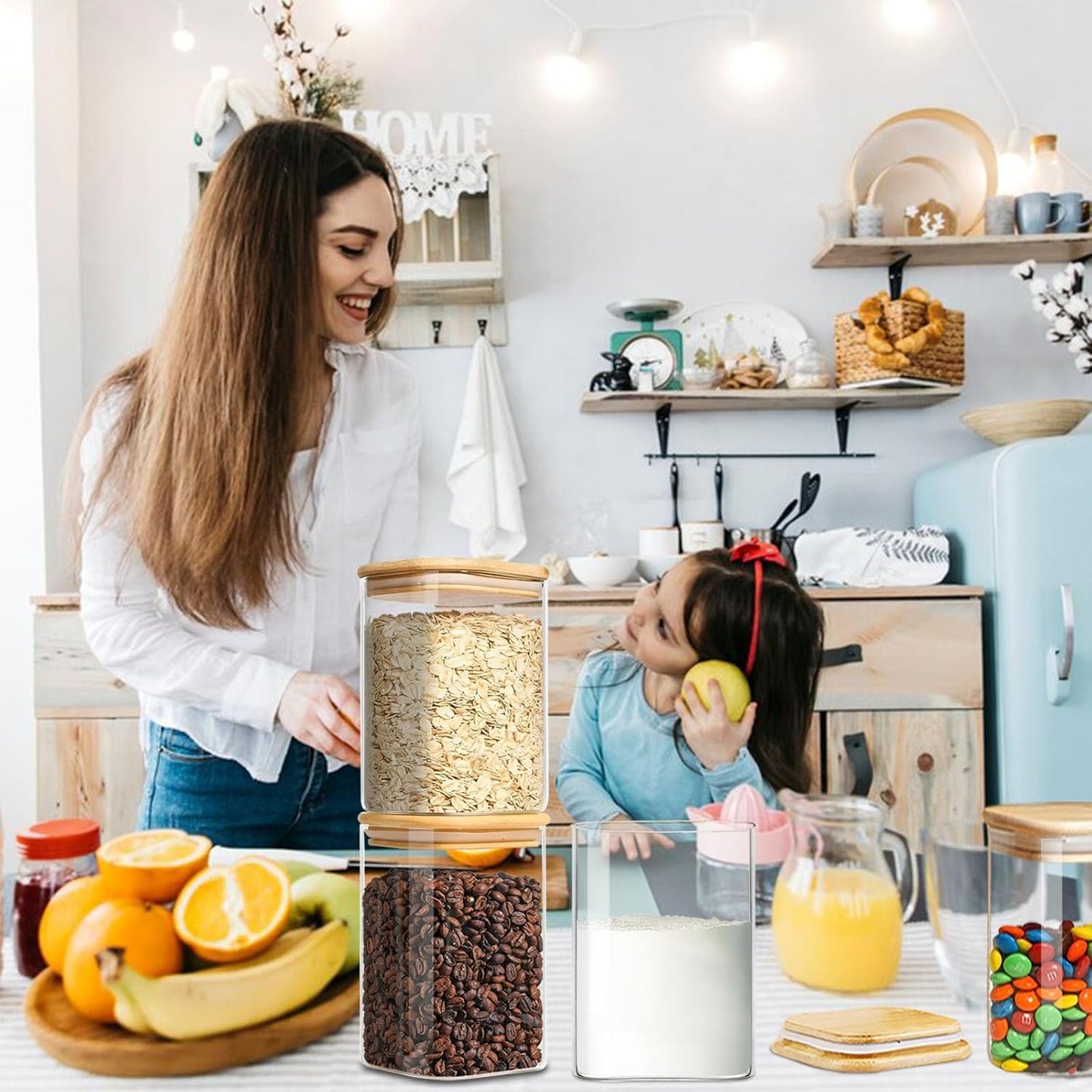 1.2 Qt Square Glass Storage Containers with Lids, glass jar with airtight lid, Glass Canister for Pantry Cookie Flour Cereal Rice Sugar Tea Coffee Beans Spice (Square-4Pack)