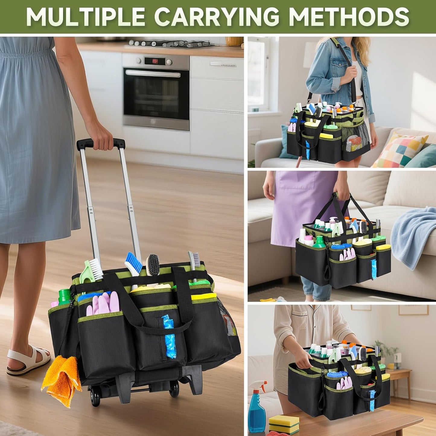 Large Rolling Cleaning Caddy Bag with Detachable Trolley,Cleaning Cart on Wheels with Shoulder Strap,Cleaning Supplies Organizer for Housekeepers,Green