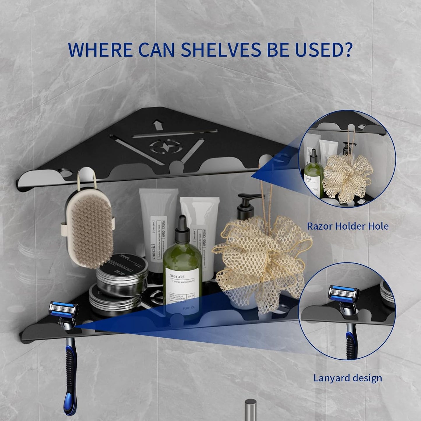 2 Pack Corner Shower Shelf, 10" 304 Stainless Steel Modern Corner Shower Shelf for Inside Shower, Heavy Duty Shower Caddy Organizer with Razor Hole, Drilling Installation (Black, 10")