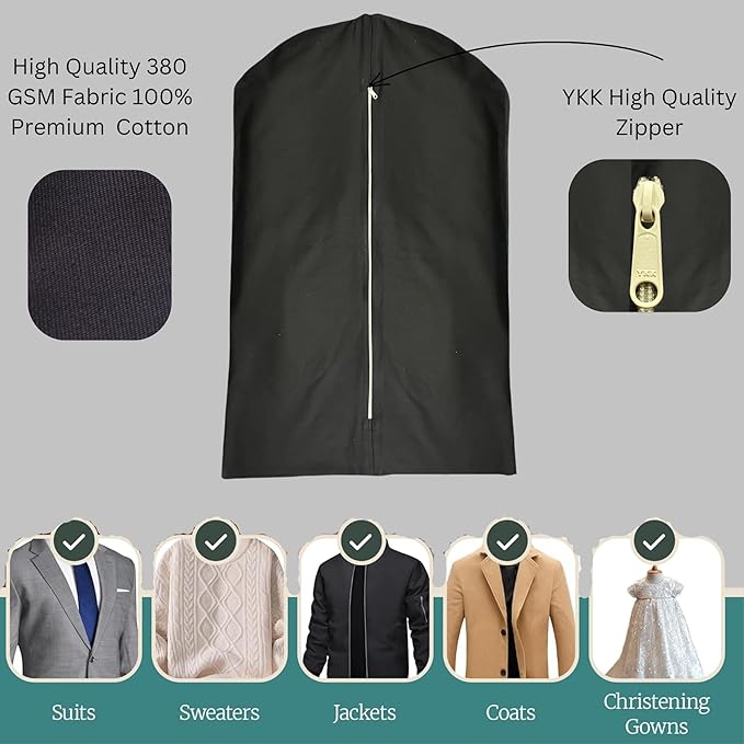 Premium 100% Cotton Garment Bags – 48" Black Canvas Suit Cover with YKK Zipper – Breathable, Dust-Proof Storage for Suits, Coats, Dresses, Jackets & Travel/Closet Use