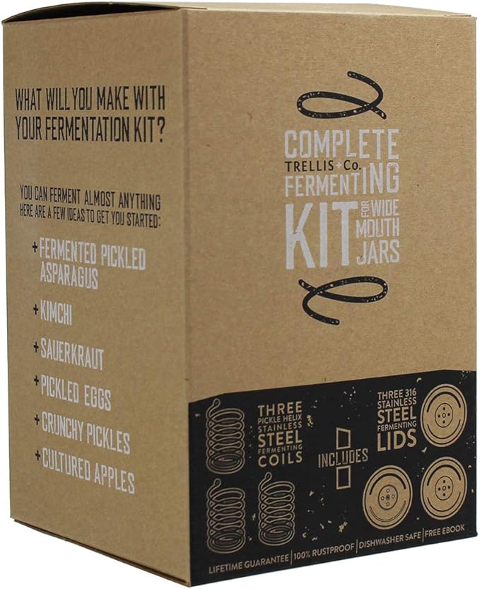 Stainless Steel Fermentation Jar Kit | 3 Waterless Fermenter Airlock Lids & 3 Pickle Helix Fermentation Weights, for Wide Mouth Mason Jars | Recipe eBook Included with Fermenting Kit