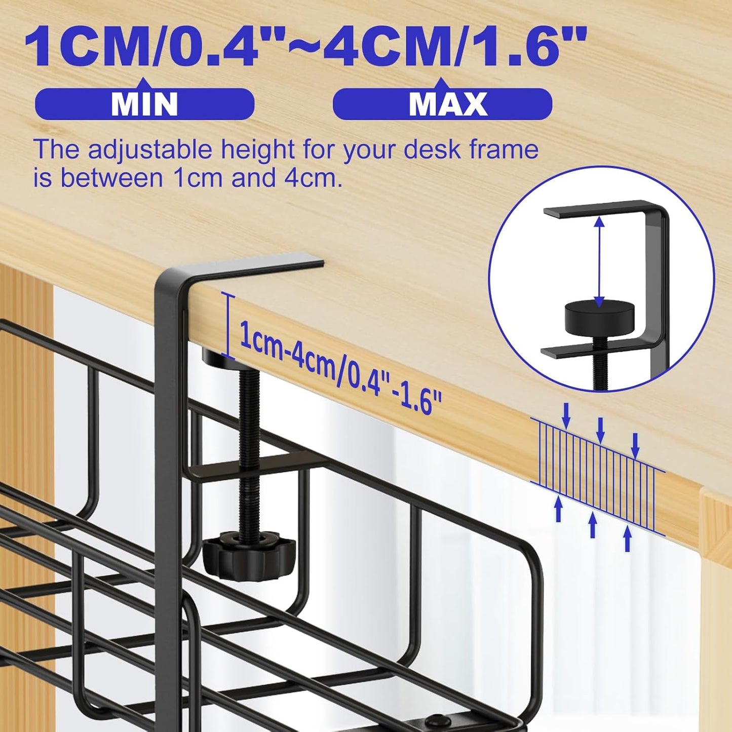 Under Desk Cable Management Tray, 31.5'' No Drill Steel Cable Tray Organizers, Wire Management Tray Cable Rack with Clamp Mount, Metal Under Desk Tray with Wire and Cord Organizer (Black, 2 Pack)