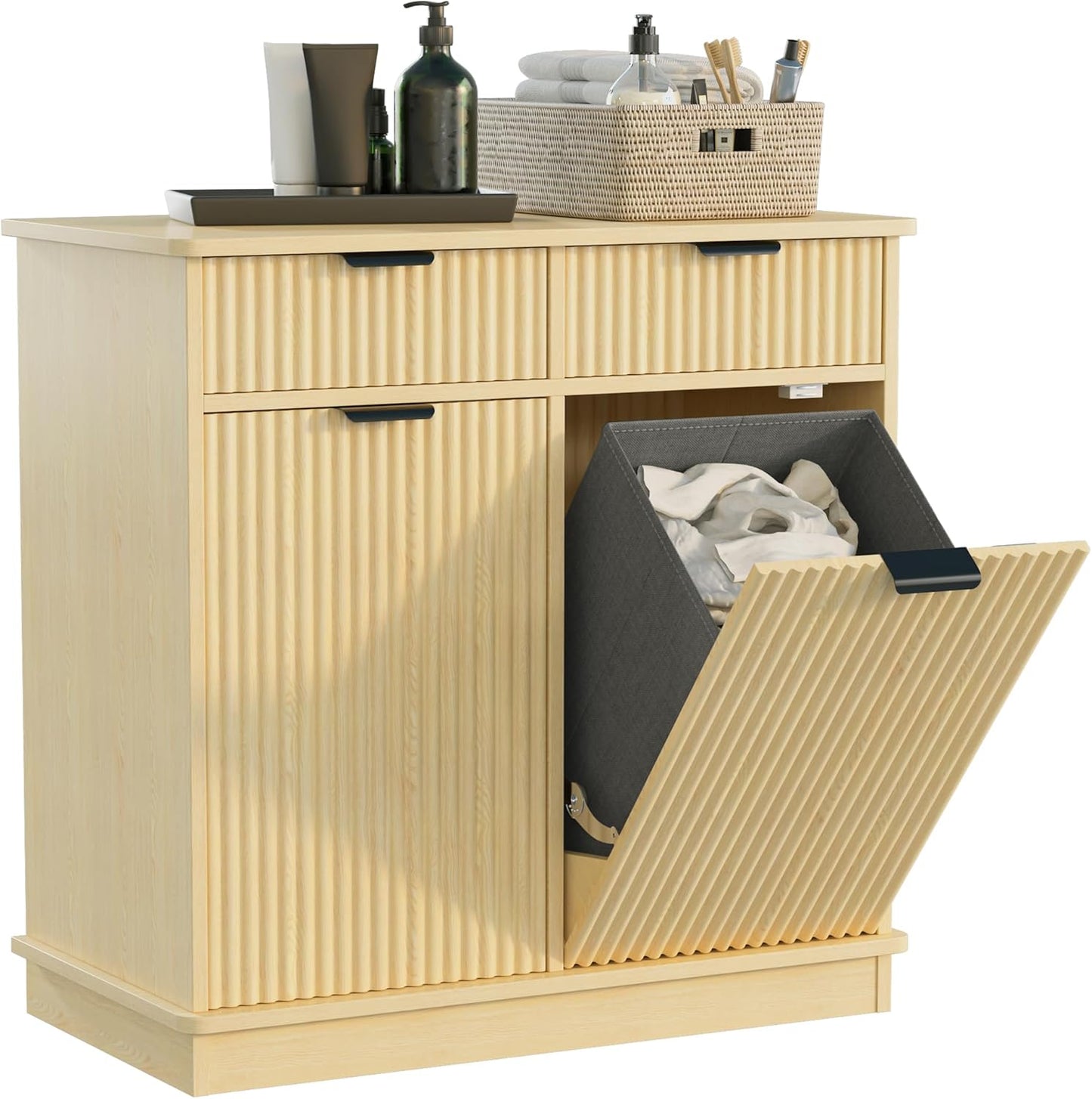 Natural Double Tilt Out Laundry Hamper Cabinet Laundry Basket Cabinet Hidden Laundry Hamper with 2 Drawers & 2 Baskets for Bathroom Bedroom,30x30x16in