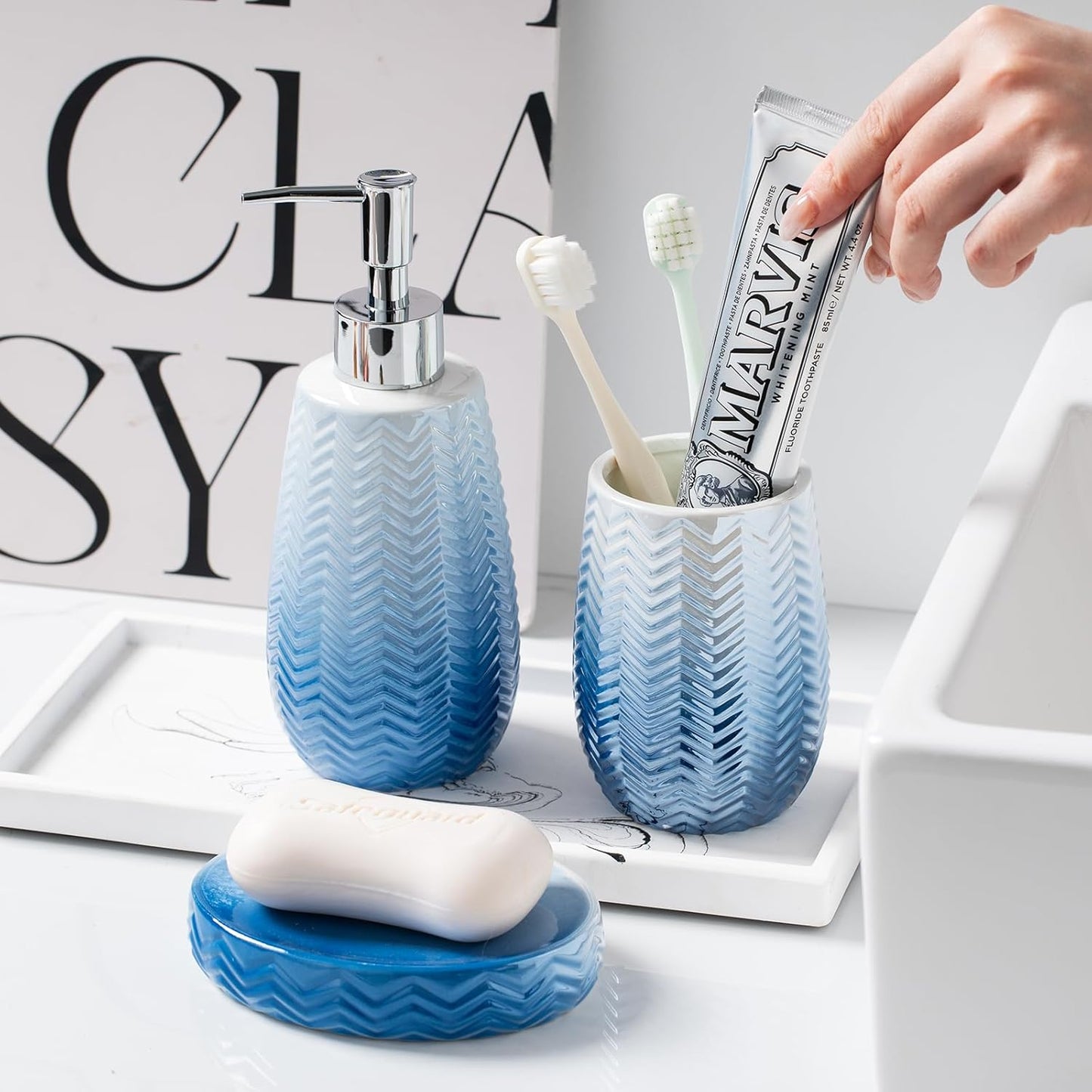 Bathroom Accessory Set,Blue Bathroom Decor,Blue Soap Dispenser, Soap Dish and Tumbler,Wavy Bathroom Accessories Complete Set