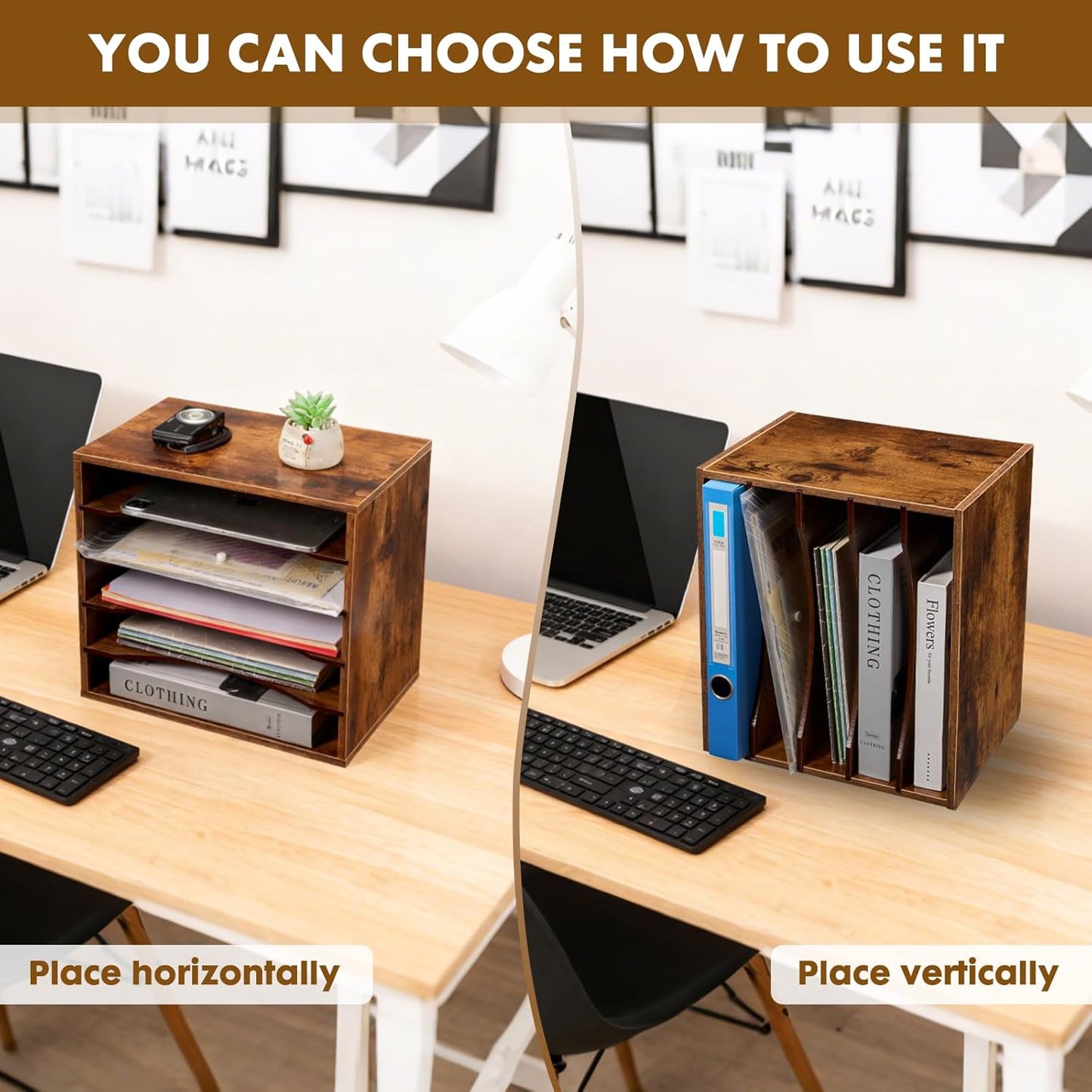 EMERIT Paper Organzier Wood Desktop Organizer Storage Letter Tray File Sorter with Adjustable Shelves for Home Office