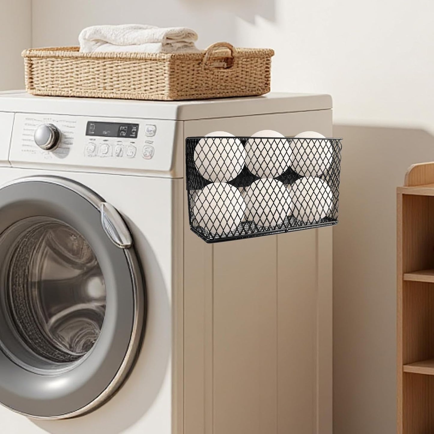 Magnetic Dryer Ball Holder,Laundry Room Organization and Storage for Wool Dryer Balls Basket,Metal Wire Magnetic Lint Bin, Lint Container for Laundry Room Accessories,No-Tool Installation