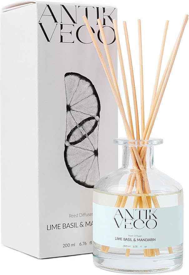 Lime Basil & Mandarin Reed Diffuser – Citrus & Herbal Diffuser for Home 6.7 fl oz – 8 Rattan Sticks – Premium Aromatherapy Oil – Elegant Glass Bottle – 90 Day Long Lasting Diffuser Set