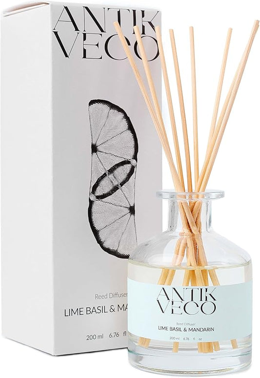 Lime Basil & Mandarin Reed Diffuser – Citrus & Herbal Diffuser for Home 6.7 fl oz – 8 Rattan Sticks – Premium Aromatherapy Oil – Elegant Glass Bottle – 90 Day Long Lasting Diffuser Set