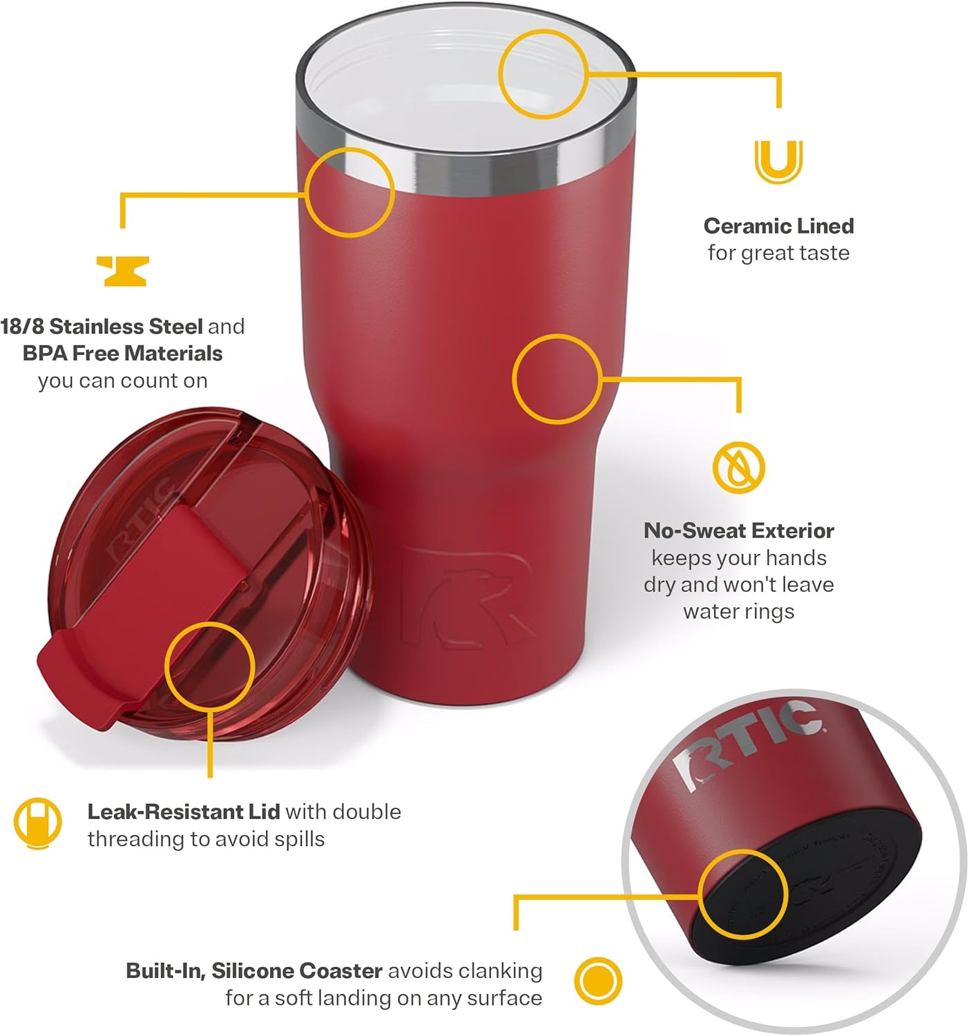 RTIC 20oz Essential Tumbler with Lid, Ceramic Lined, Insulated, Stainless Steel, Metal, Double Wall Vacuum-Insulation, Travel Cup for Iced Coffee, Tea, Hot and Cold Drink, Flag Red
