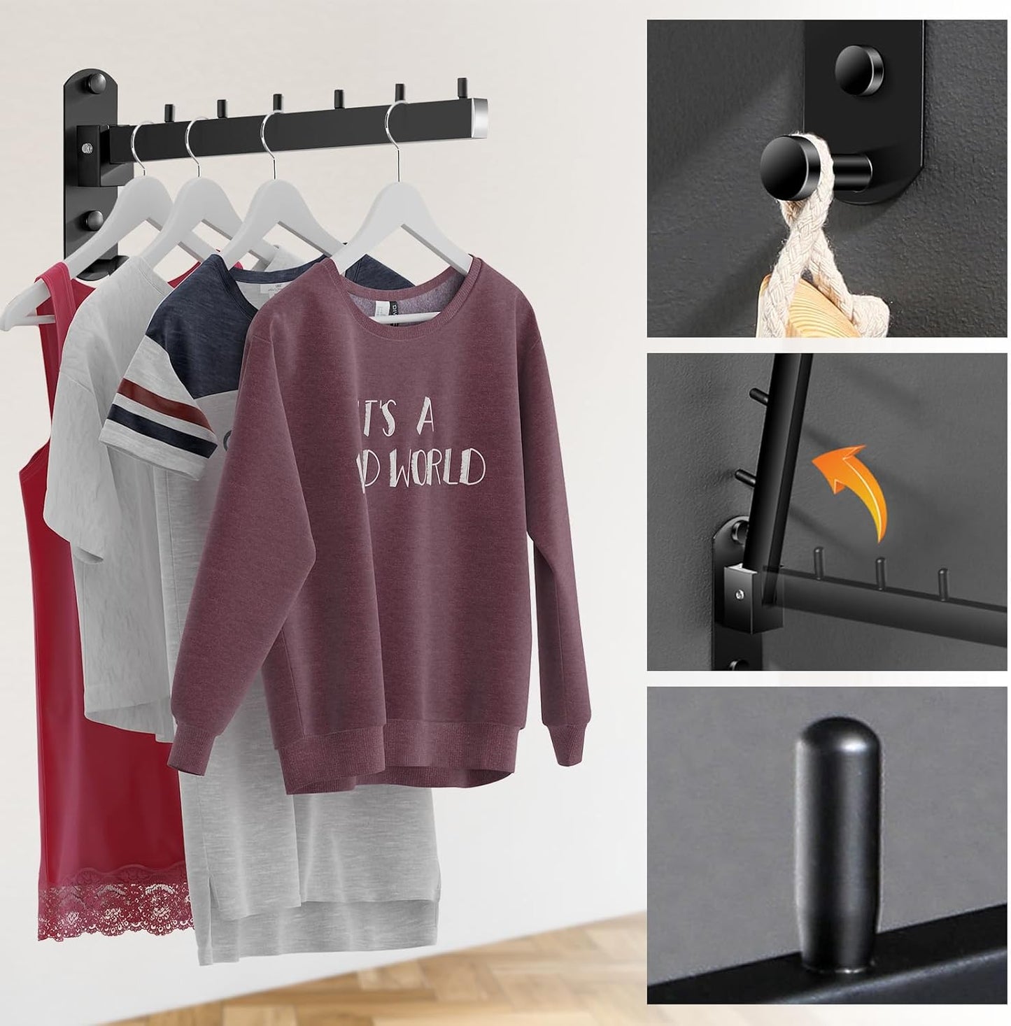 2 PCS Folding Wall Mounted Clothes Drying Rack, Swing Arm Design, Black, Stainless Steel