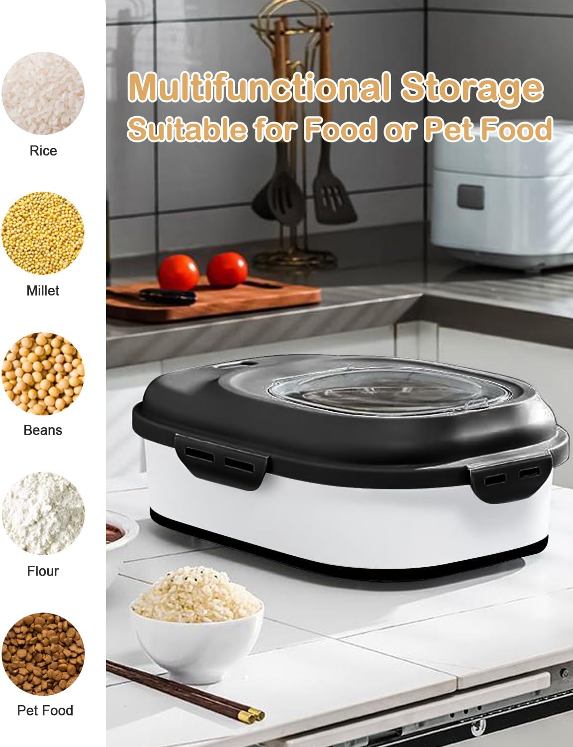 20-50 Lbs Food Storage Containers,Collapsible Rice Container with Wheel Airtight Locking Lid,Flour Storage Container with Small Food Container and Scoop,Suitable for Food,Rice,Pet Food,Flour