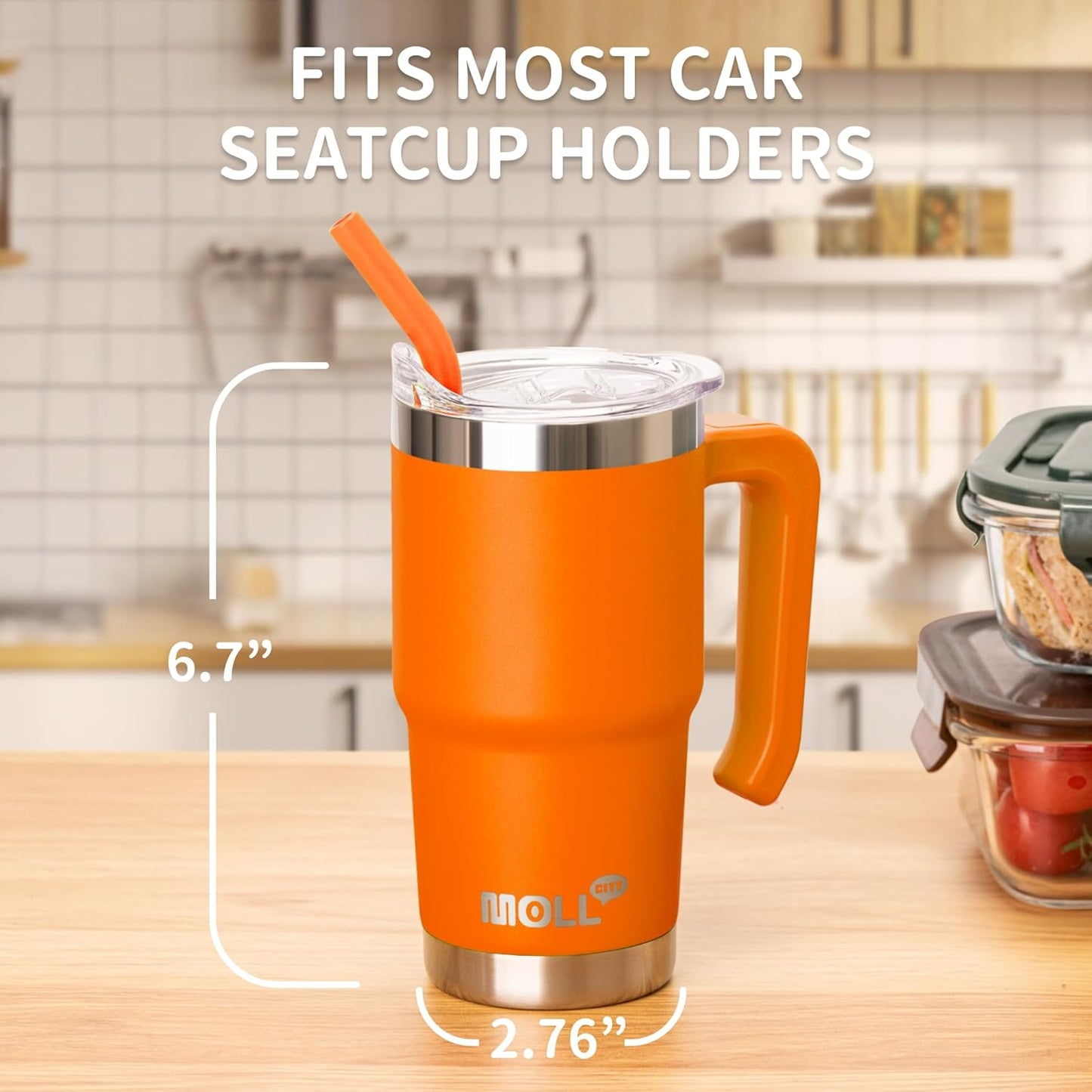 Kids Tumbler-16 oz Stainless Steel Double Wall Vacuum Insulated Tumbler Cup with Lid and Straw Travel Coffee Mug with Handle(Orange)