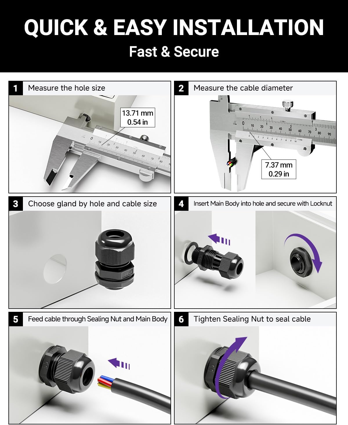 VCELINK 10 Pcs 1/4" NPT Cable Glands Nylon Waterproof, IP68 PA66 Cord Connectors, NPT 1/4" Wire Entry for Electrical Boxes, Strain Relief Wire Grommets, Black