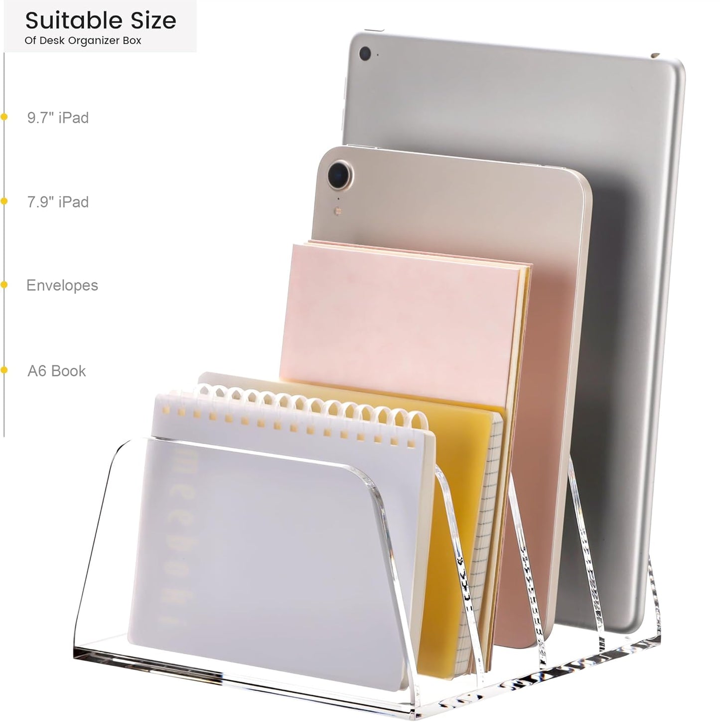 YUXUN Acrylic File Sorter,6.9"x6.6"x3.74",4 Sections Vertical Desk Organizer,Clear Mail Organizer File Holder Stand Rack Desk Accessories for Mail,Envelope,Letter,Notebook for Home/Office/Classroom