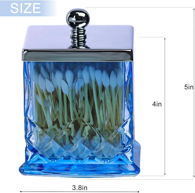 Qtip Holder,15Oz Blue Glass Apothecary Jars with Silver Lids for Bathroom Organization & Desk Storage,Thick Glass Apothecary Jars for Q-Tips,Cotton Rounds,Jewelry,Candy,Square