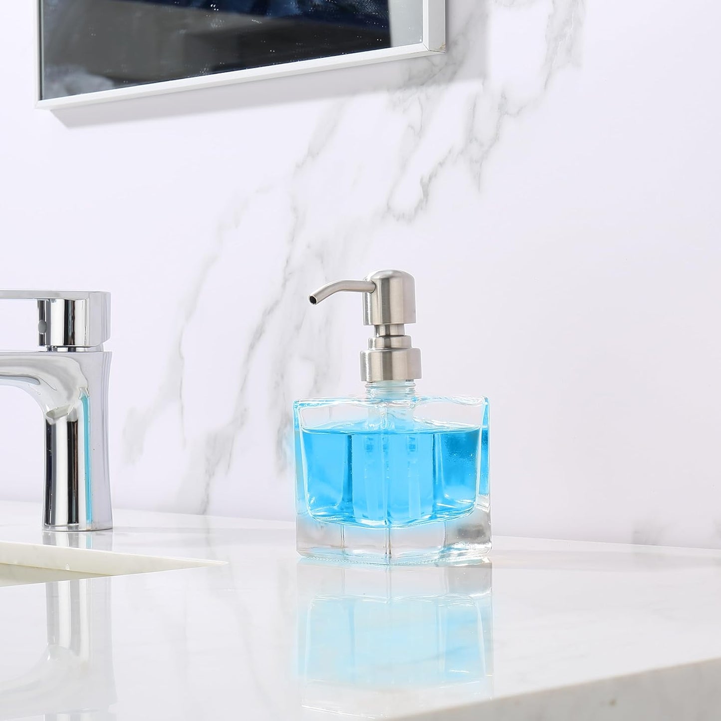 Square Bathroom Soap Dispenser Brushed Nickel, Glass Bottles with Stainless Steel Pump Cube Liquid Soap Dispenser Hand Kitchen