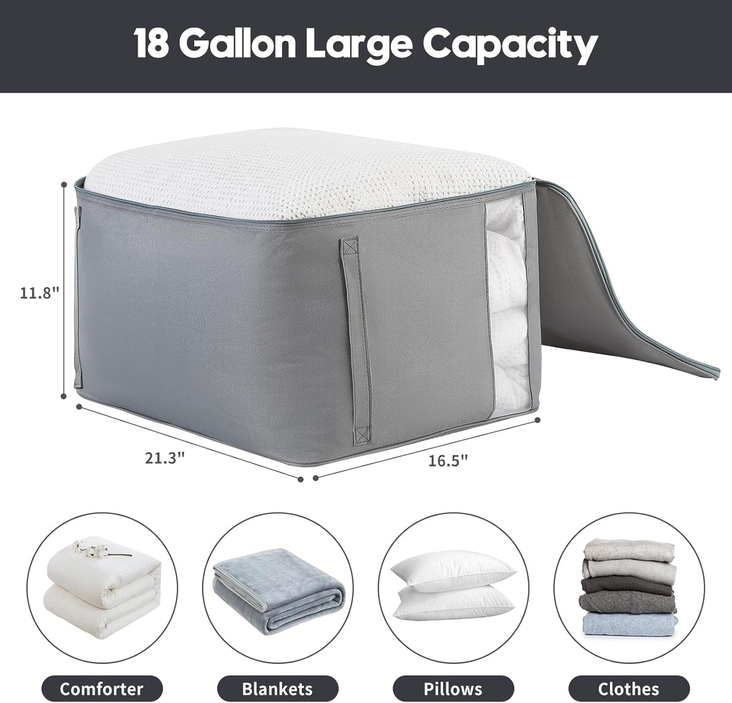 Comforter Storage Bags, Durable Oxford Fabric Clothes Organizer for Closet, Washable Collapsible Large Storage Containers for Clothing Blanket Linen Bedding, 3 Pack (Grey, 18 gallon x 3)