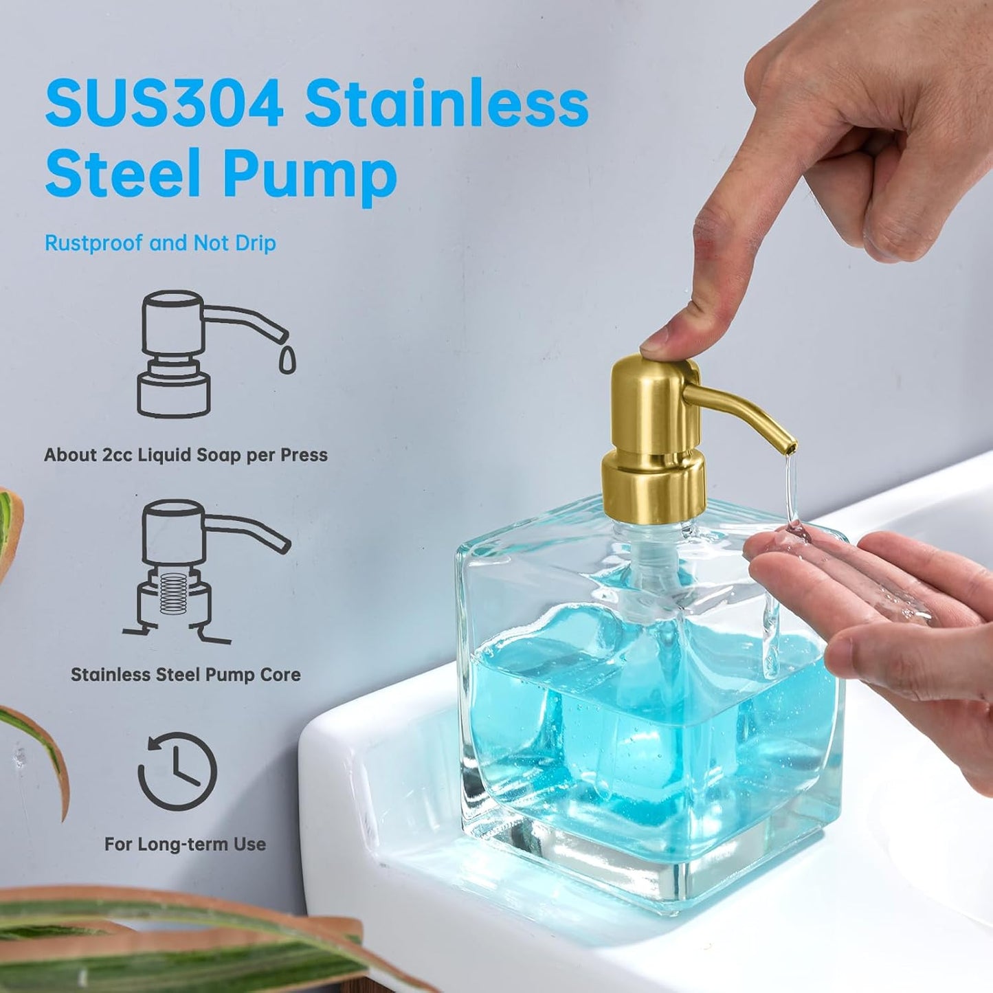 Square Bathroom Soap Dispenser Brushed Gold, 16 oz Glass Bottles with Stainless Steel Pump Retangle Cube Liquid Large Capacity Soap Dispenser Kitchen