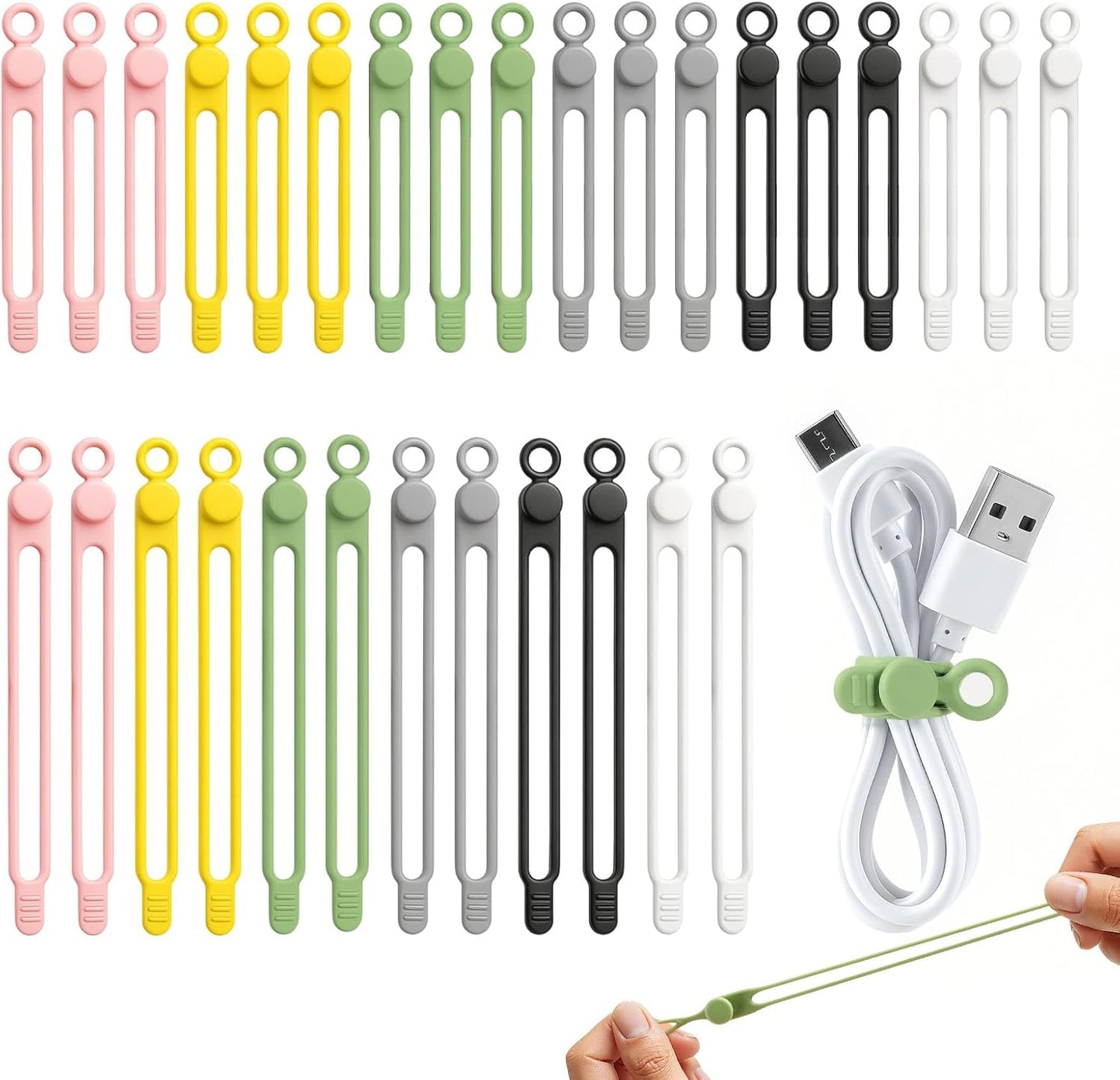 30 Pcs Silicone Data Cable Organizer, Reusable Cable Ties Wire Organizers for Office, Multipurpose Elastic Cord Wraps Cable Management for Charging Cord,Appliances,Home,Office,Kitchen,School,Travel