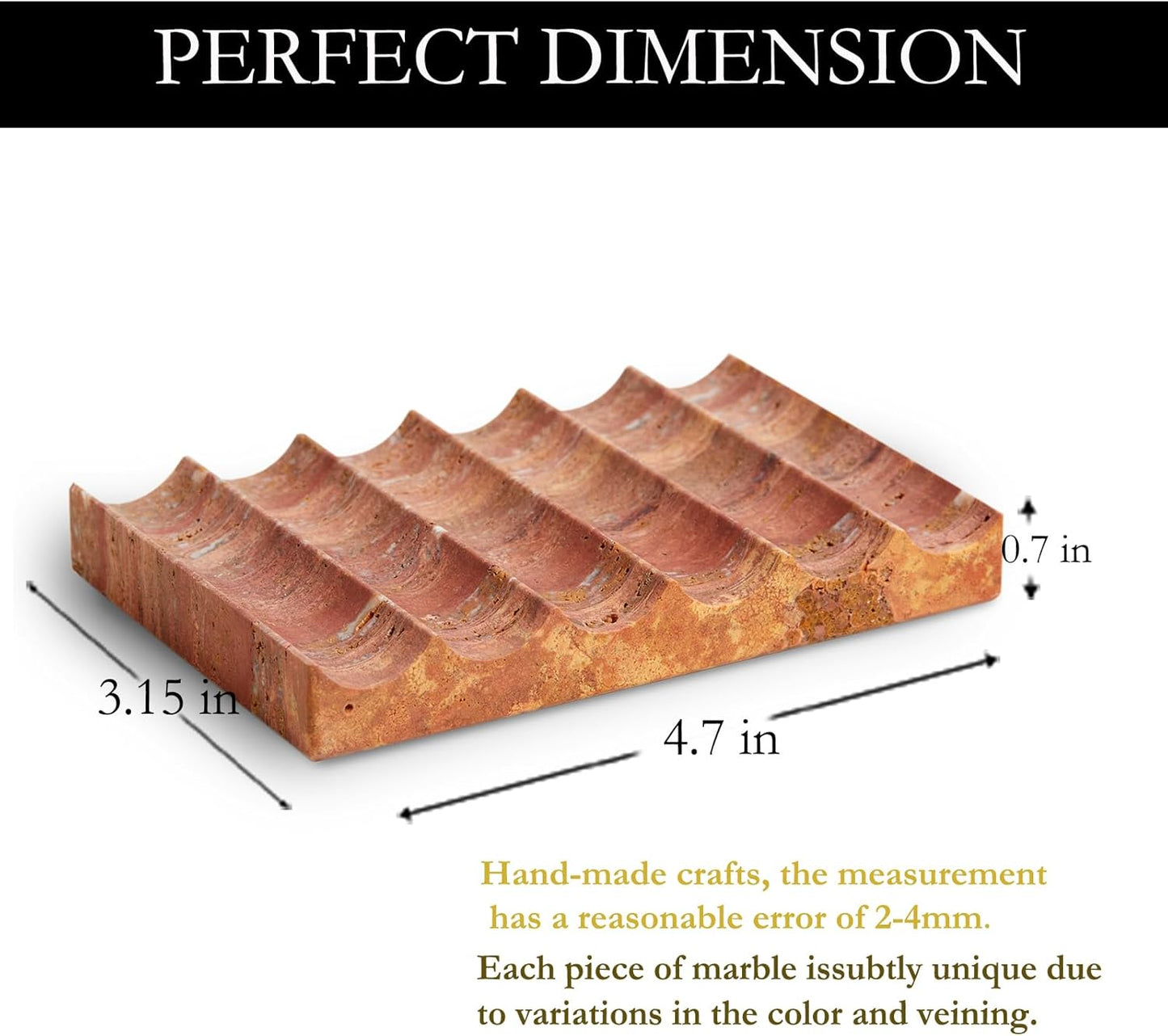 Luxurious Marble Soap Dish Jewelry Ring Tray - Rectangle Stone Soap Tray & Saver for Shower – Self Draining Soap Holder for Bathroom, Kitchen, Red Travertine