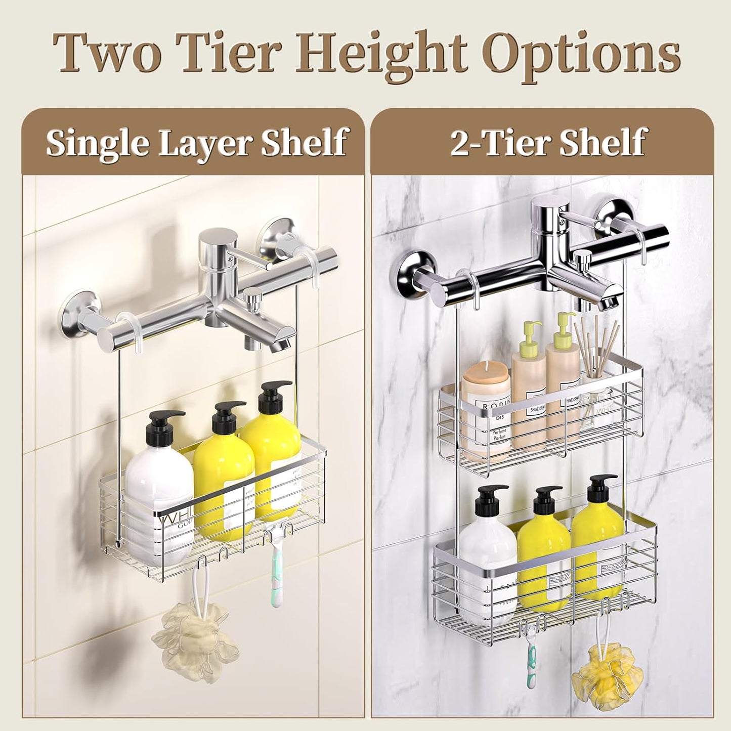 DELLAN Hanging Shower Organizer, Shower Rack with Hooks Over the Door, Bathroom Shower Caddy and Basket