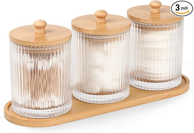 3 Pack Qtip Holder - Bathroom Organizers and Storage, Cotton Round Holder Floss Pick Cotton Ball Holder Swab Dispenser Set with Tray, Glass Apothecary Jars with Lids, -sw clear y