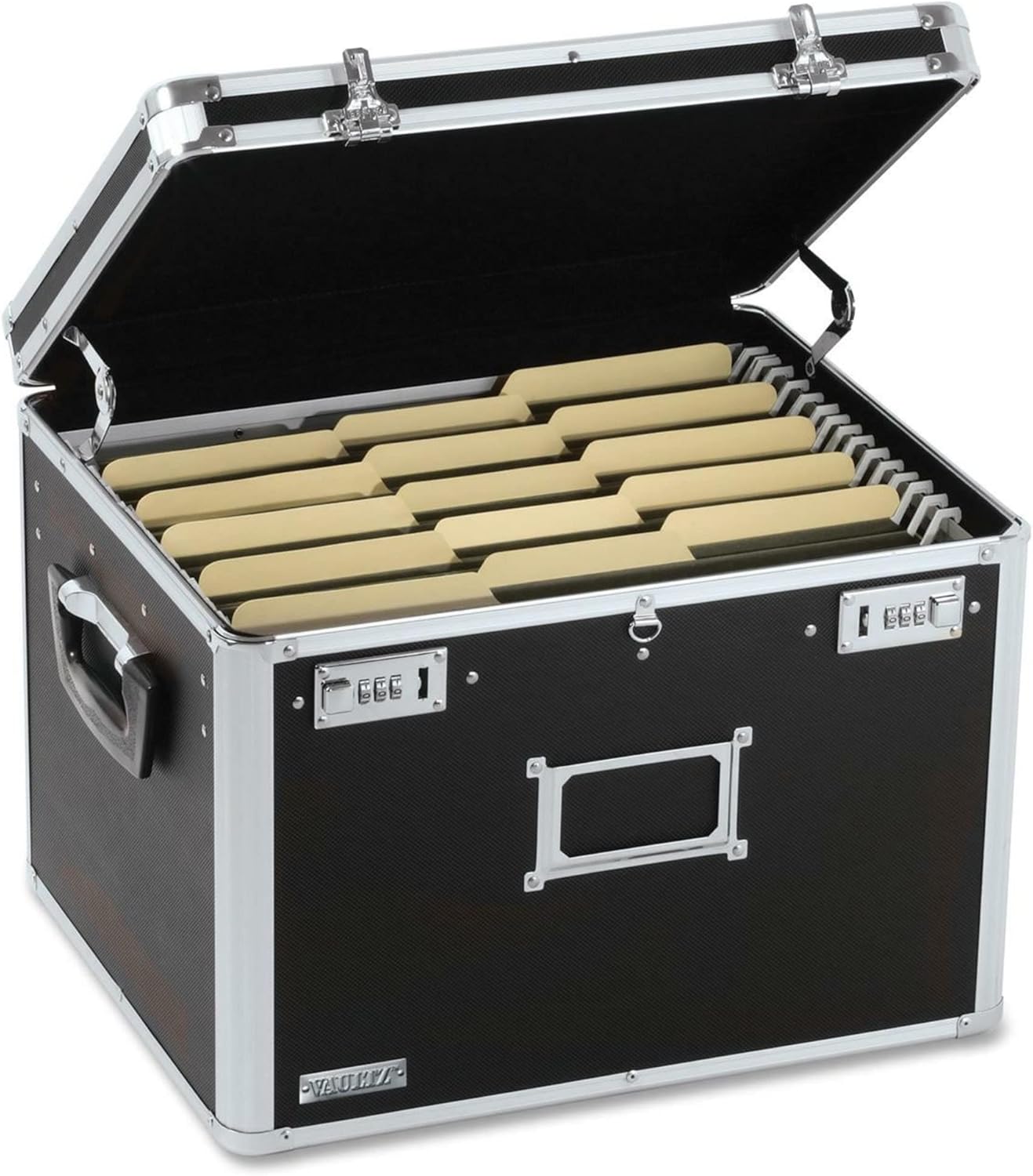 Vaultz Portable File Box - 17.5 x 14 x 12.5 Inch Legal/Letter Size Storage Box with Dual-Combination Locking for Document Filing and Organization,Black