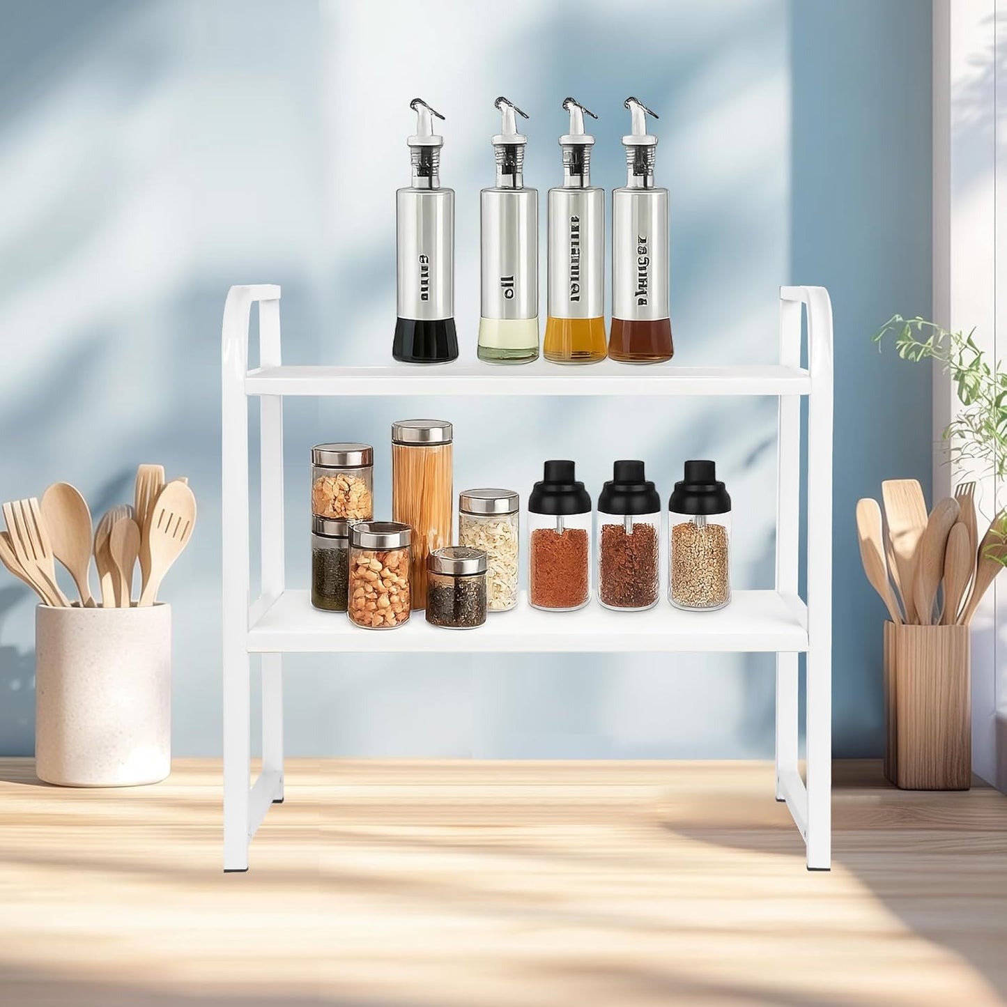 Desktop Shelf Organizer, 2-Tier Office Desk Shelf for Top of Desk, Wood & Metal Bookshelf Supplies Storage Rack (White)