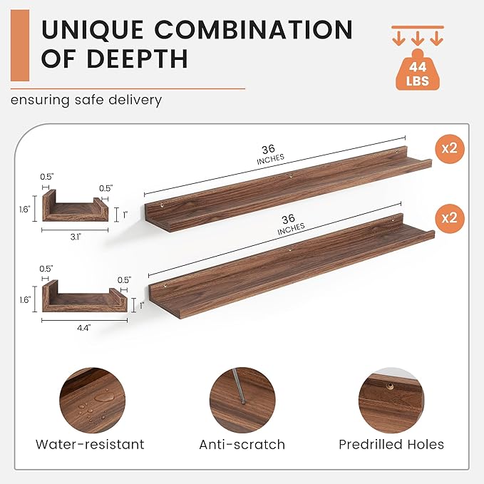 Floating Picture Ledge Shelves Set of 4, 36 Inch Shelves with Lip - Large Nursery Book Shelf for Toys Storage, Kids Bookshelf - Wall Mounted Living Room Bedroom Decor Frames
