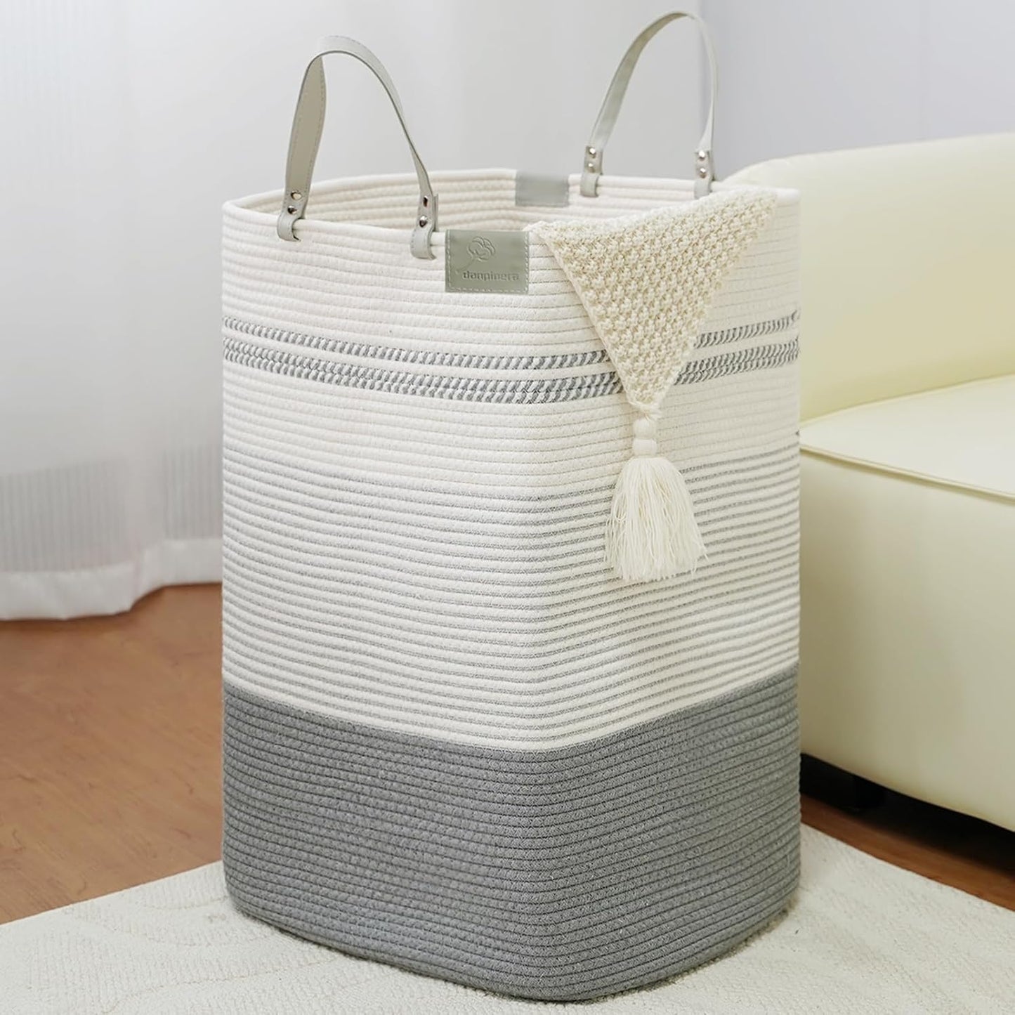 danpinera 100L Nursery Hamper, Tall Woven Laundry Basket with Long Leather Handles, Boho Laundry Hamper for Living Room & Bedroom, Eco-friendly & Convenient Decorative Storage Basket White & Gray