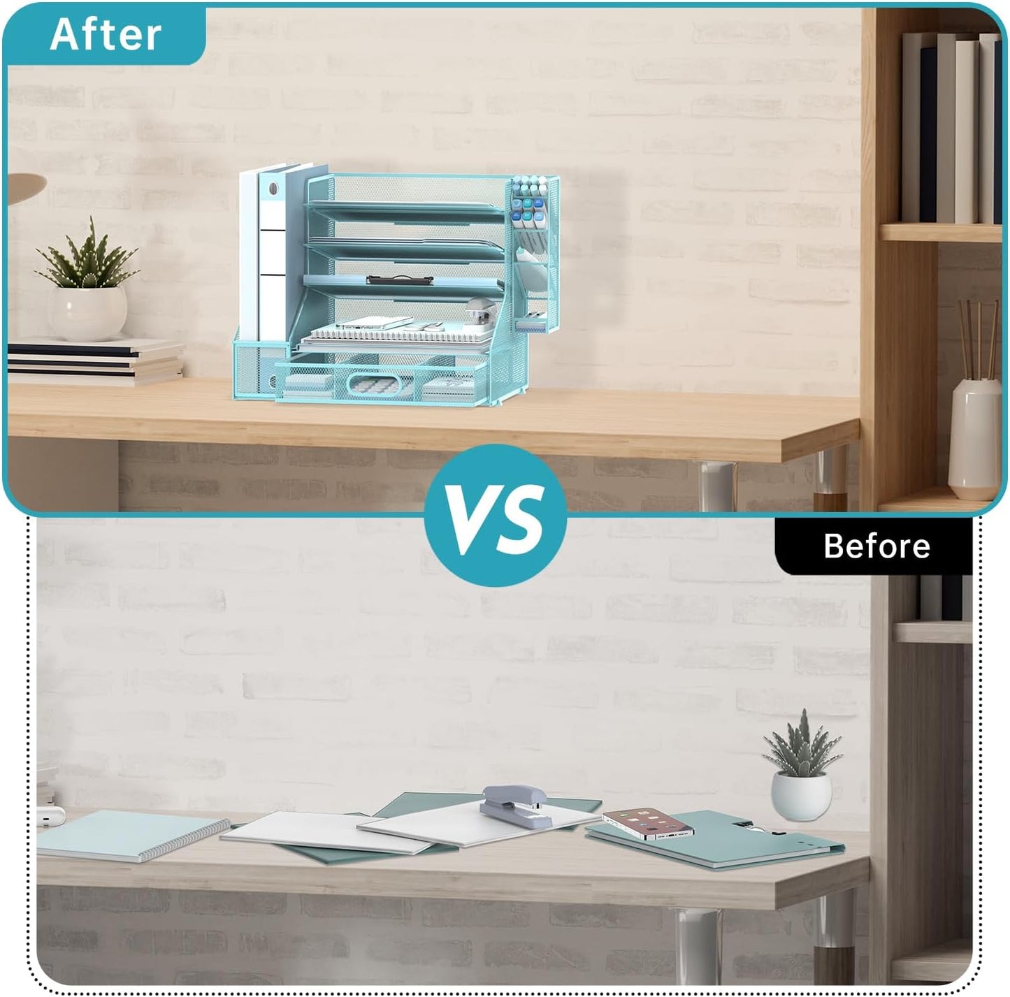 SUPEASY Desk Organizer with File Holder, 5-Tier Mesh Paper Letter Tray Organizer with Pen Holder and Drawer, Desktop Organizer and Storage with 3 Tilted File Sorter for Office Supplies, Blue