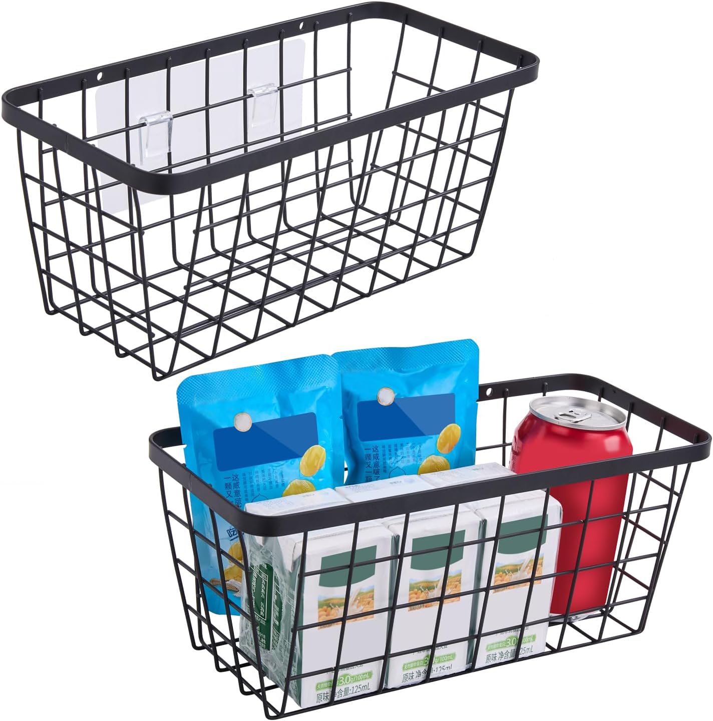 2 Pack Hanging Wall Basket Organizer Over the Cabinet Door Wire Baskets for Organizing -Space-Saving Hanging Baskets for Organizing Wall Mount Storage,No Drilling Adhesive Wall Storage Basket, Black