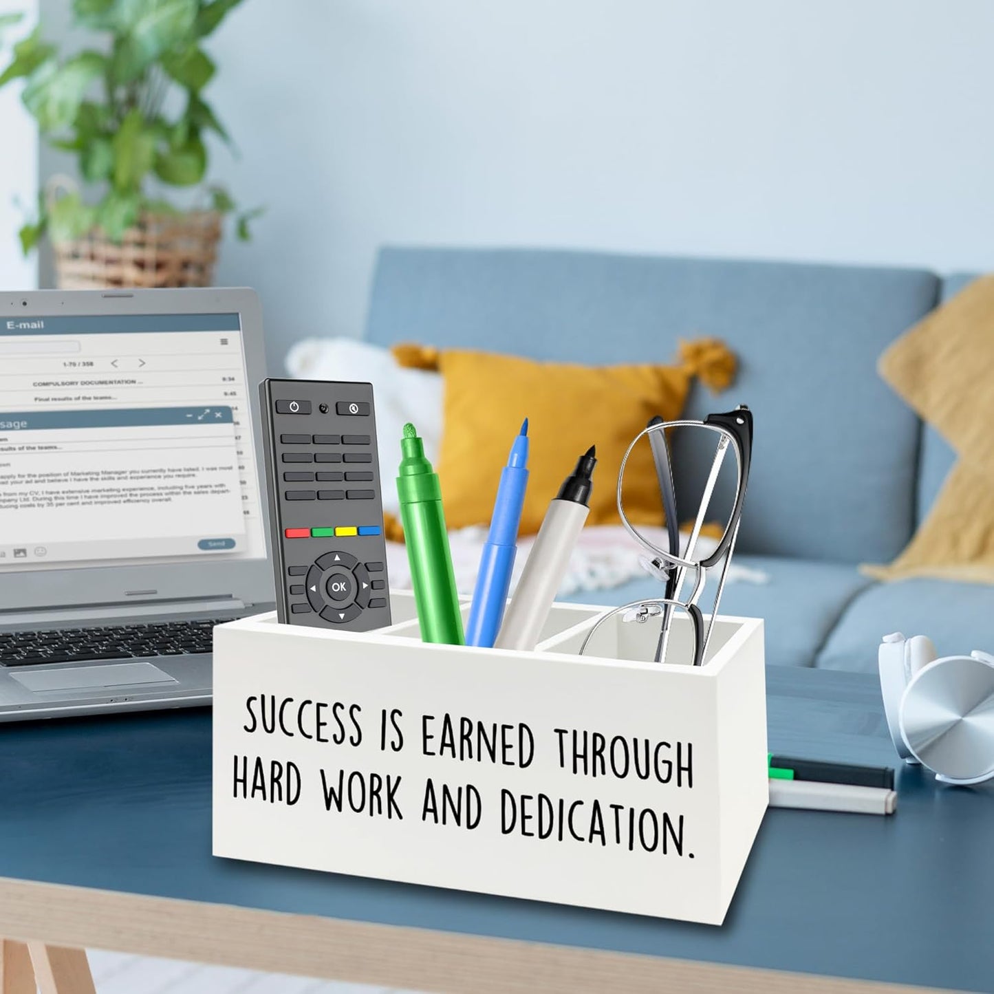 Motivational Gifts Pen Pencil Holder Organizer for Desk, Success Is Earned Through Hard Work and Dedication Inspirational Wooden Box Signs Decorations for Home Office Desk Tabletop