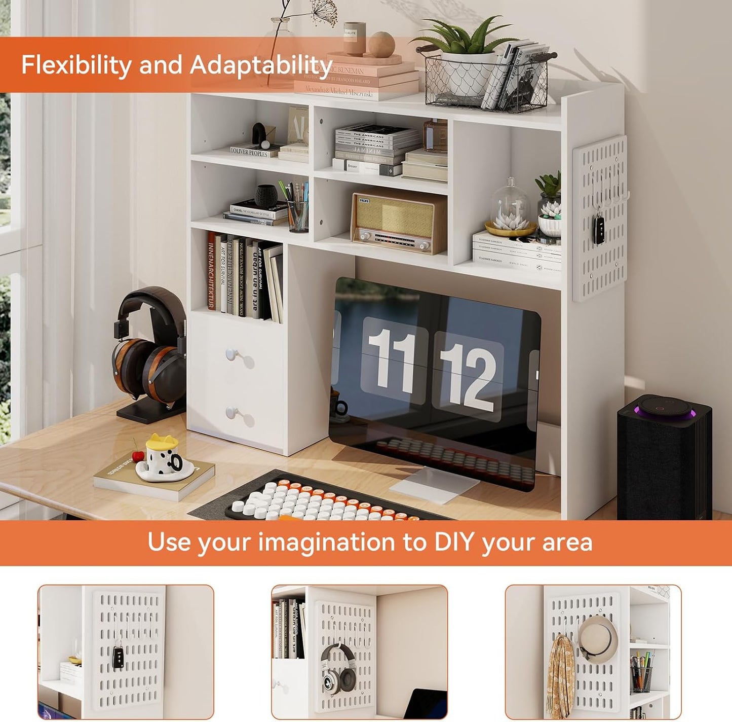 ELECWISH Desktop Bookshelf, Desk Shelf with 2 Drawers for Computer Desk, 36.22" 7-Tier Adjustable Desktop Hutch Organizer with Pegboard for Home Office, White