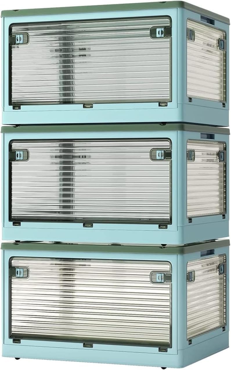 3 PACK Stackable Storage Bins, 83 Liters Closet Organizers with 3 Lids, Wheels, Drawers, Foldable Collapsible Box for Clothes and Camping Out Doors Bins, Blue