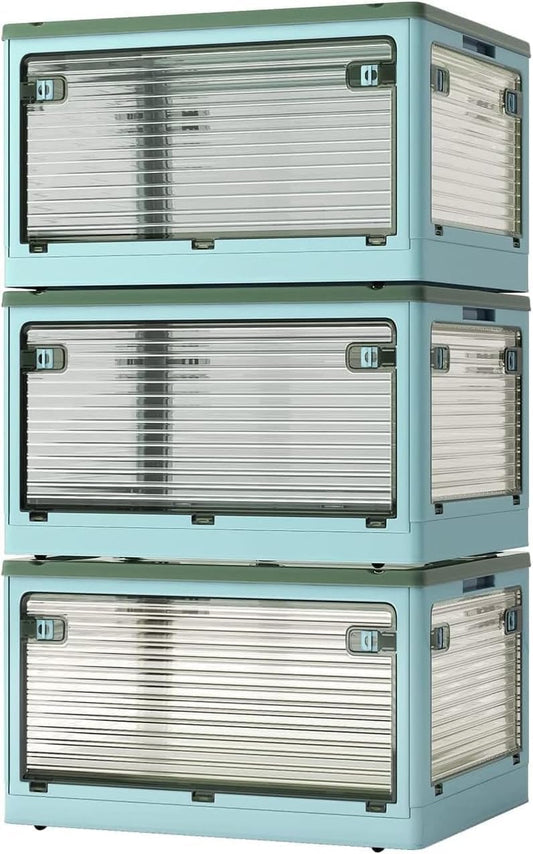 3 PACK Stackable Storage Bins, 83 Liters Closet Organizers with 3 Lids, Wheels, Drawers, Foldable Collapsible Box for Clothes and Camping Out Doors Bins, Blue