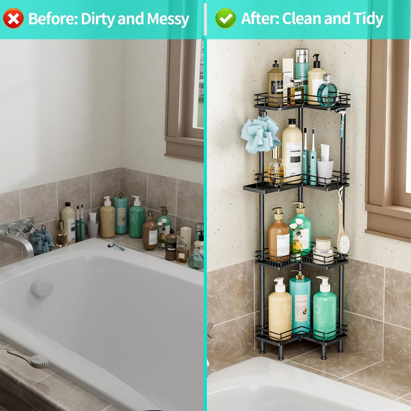 HapiRm Corner Shower Caddy Organizer - 4 Tier Shower Shelf Corner with Soap Holder, Rustproof Bathroom Standing Organizer with 4 Hooks, Black