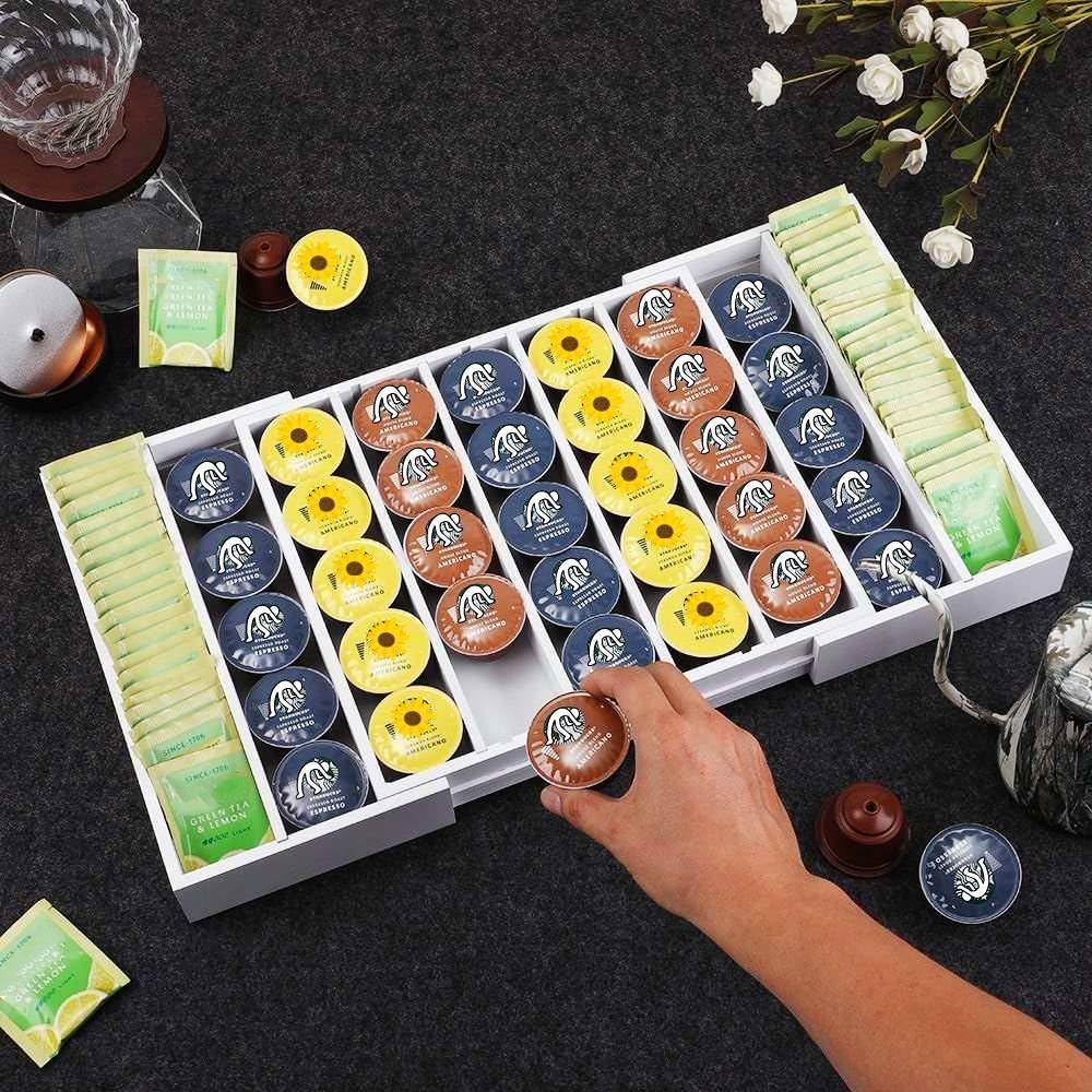 K Cup Holder,Bamboo Coffee Pod Holder Drawer Organizer, Expandable Coffee Pod Holder Tea Bag Storage Organizer for Kitchen Office Coffee Bars,Accommodate 45 K Cups (White)