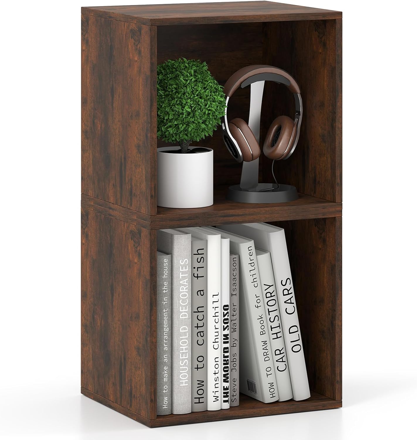 Giantex 2-Cube Bookcase, Stackable Cube Storage Organizer w/Open Bookshelf, Wooden Display Shelving Unit for Small Space, DIY Modular Cubby Storage System for Home, Study, Living Room, Rustic Brown