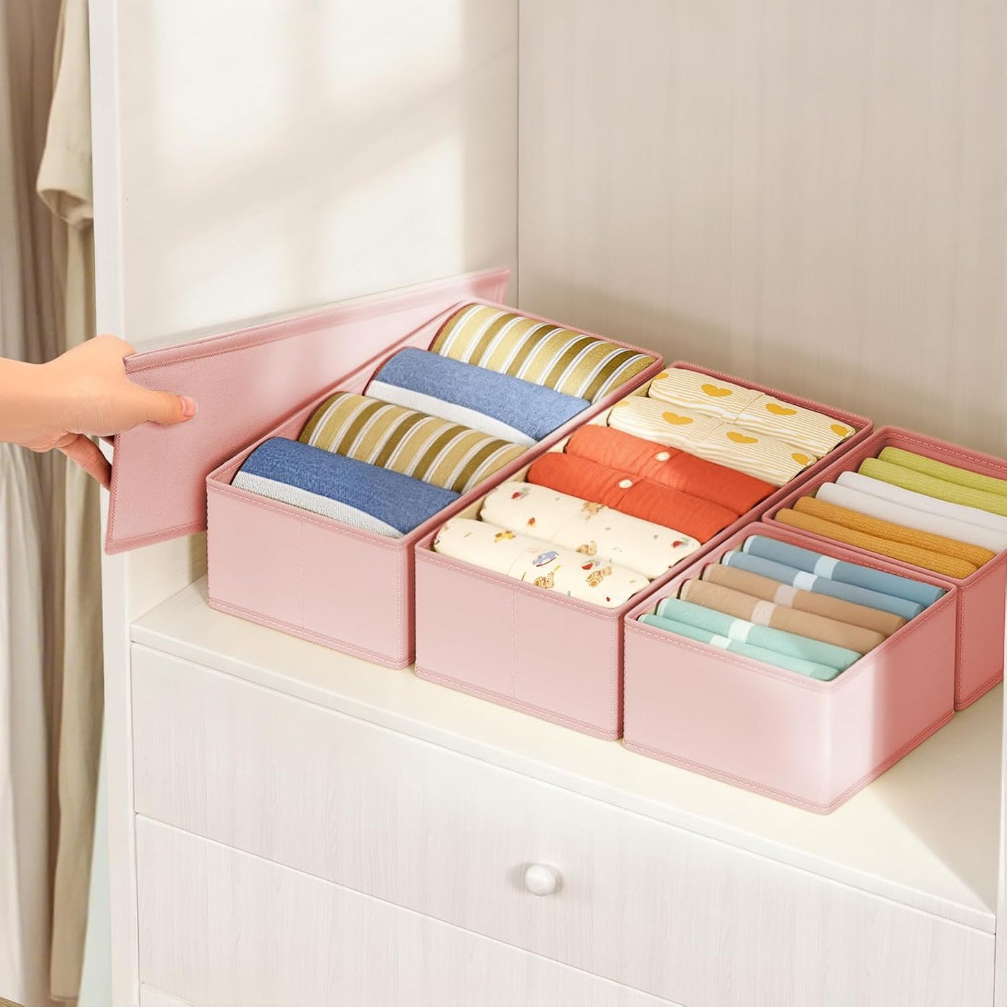 DIMJ Drawer Organizers Clothes, Set of 16 Dresser Organizer Bins, Fabric Closet Organizers and Storage, Shallow Drawer Dividers for Nursery, Clothing, Baby Clothes, Socks, Underwears, Tie (Pink)