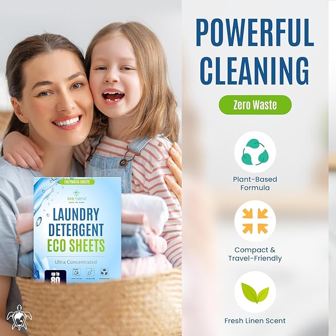Eco-Friendly 80 Loads Ultra Concentrated Laundry Detergent Sheets Stain-Fighting Enzymes & Plant Powered, Washer Sheets, Space Saving, Travel Friendly for Hot/Cold Cycles - Pack of 2