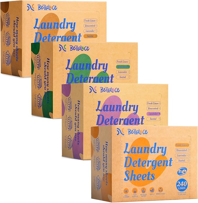 BellaLuce Laundry Detergent Sheets - 4 Scented 960 Loads Travel Laundry Sheets for Dorm,College,Home,Hotel,Apartment,Camping,Road Trip,Beach Vacation,Small Space,Family School Travel Essentials