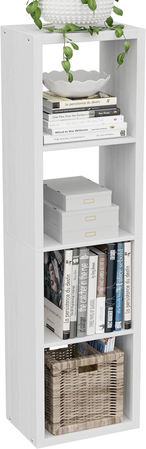 Cube Storage Organizer Bookcase, Small 4 Tier 11 inch Open Back Cubical Shelf with Thickened Border, Display Bookshelf for Living Room, Home Office, Sturdy Room (White, 4 Cube,Vertical)