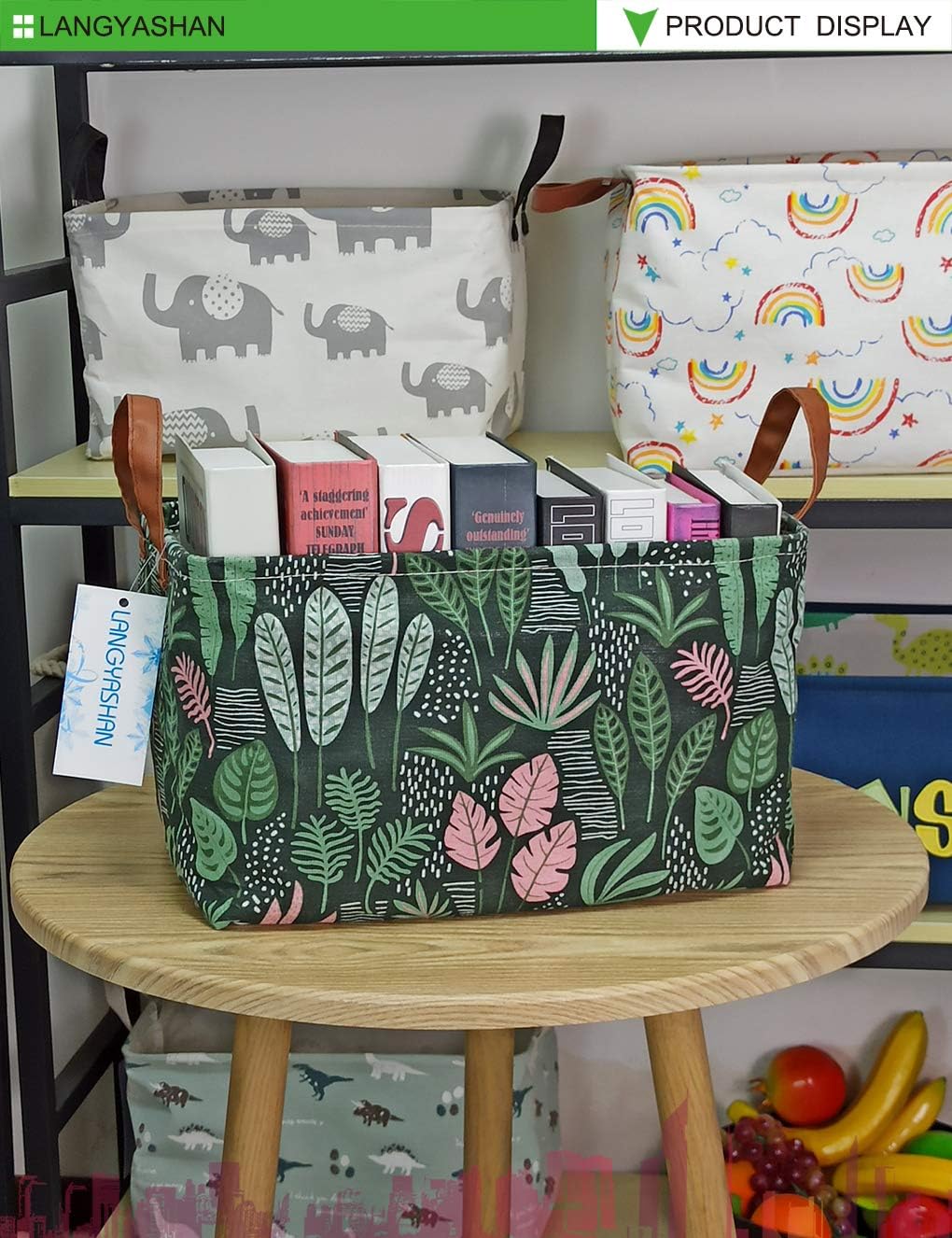 LANGYASHAN Rectangular Storage Bin Collapse Canvas Fabric Cartoon Storage Basket with Handles for Organizing Home Kitchen Boys and Girls Toys Office Closet Shelf Baskets(Rec Full Leaf)