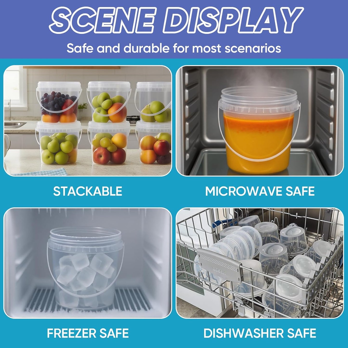 4Pack 34oz Clear Bucket with Lids - Plastic Food Storage Containers, Airtight Screw-On Lids - Freezer Safe Ice Cream Bucekts, Food Grade Reusable Containers for Kitchen