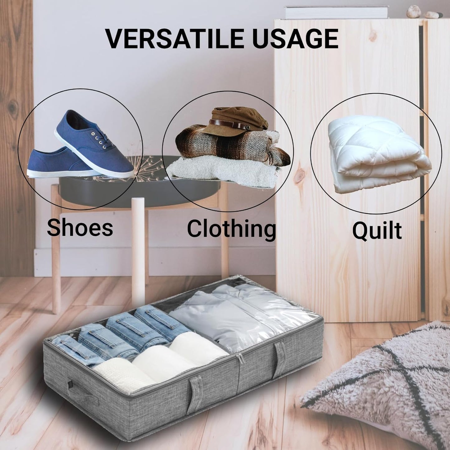 2 Packs Under Bed Storage Containers, Foldable Clothes Draw Organizers with Adjustable Dividers, Handles, Clear Window, Closet Storage Bins for Clothing, Shoes, Blankets