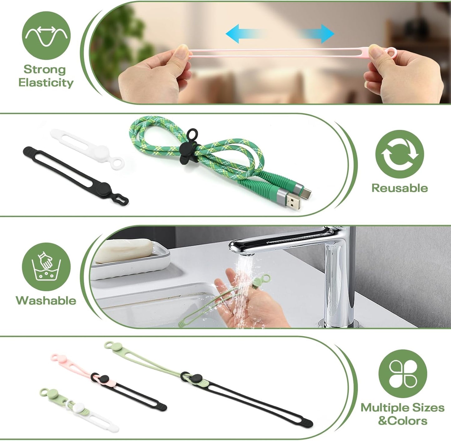 Silicone Cable Ties Reusable, Elastic Wire Organizer Ties, for Charging Cables, Electrical Cords, Computer Wires, USB Data Cable Management, Cord Organizer (6 Colors, 3 Sizes)