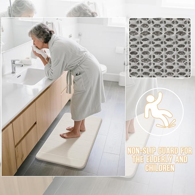 Yimobra Memory Foam Bath Mat, Super Soft Absorbent Bathroom Rug Non Slip, Quick Dry, Machine Washable Floor Carpet for Tub Shower, Home Decor Accessories, 24x17, Cream