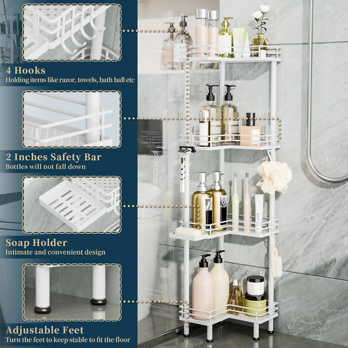 Consumest Corner Shower Caddy Standing - 4-Tier Stainless Steel Shower Organizer with Soap Holder and 4 Hooks, Large Capacity Corner Shelf Stand for Bathroom, Rest Room, White
