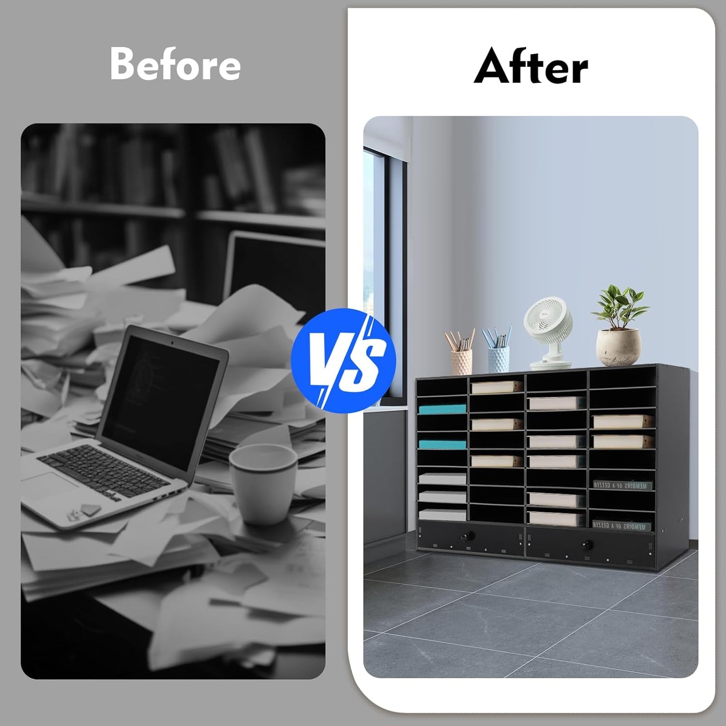 Literature Organizers, Mail Sorter Organizer Adjustable Shelves and 2 Drawers Desktop File Sorter Paper Organizer for Home School Office (Black, 32 Slots with 2 Drawers)